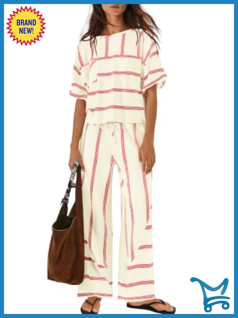 Striped Lounge Set 2 Piece Vacation Sets Short Sleeve Top And Wide Leg Pants